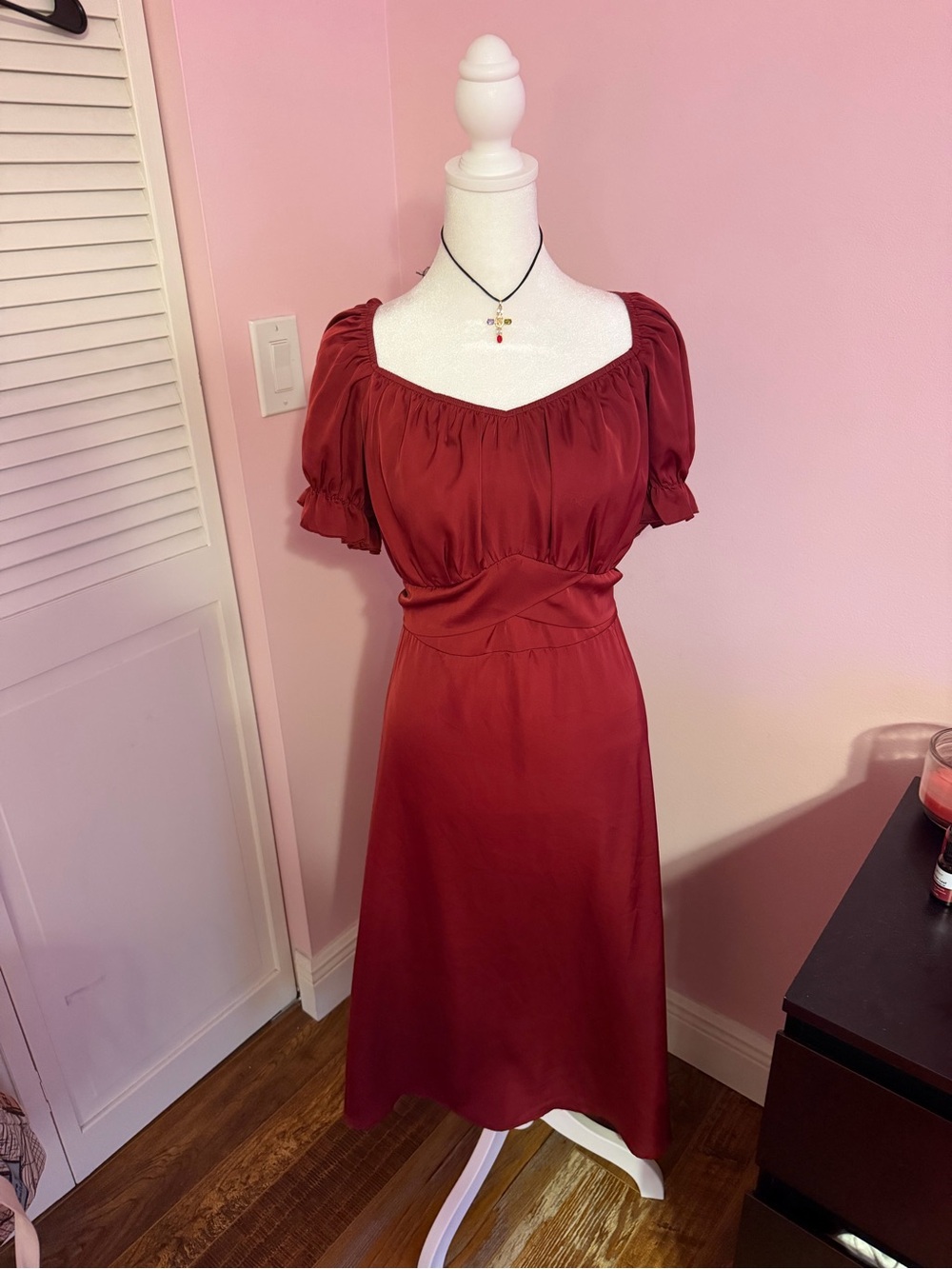 Satin Midi Dress with Puff Sleeves in Deep Red